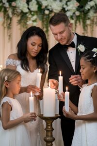 bride groom with kids lighting unity wedding candle