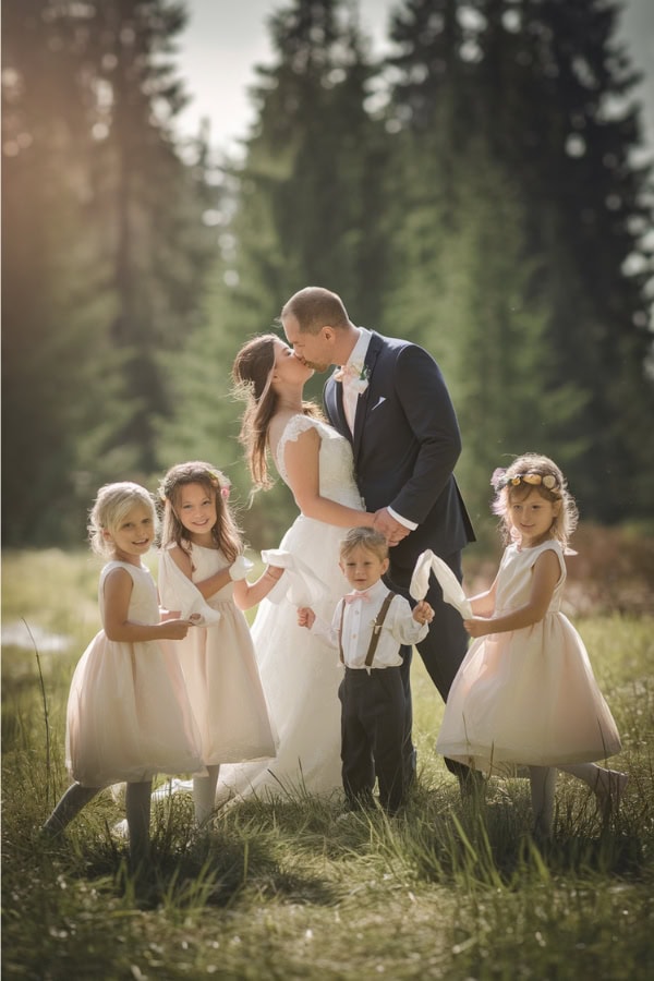 newlyweds kissing with their blended family children posing around