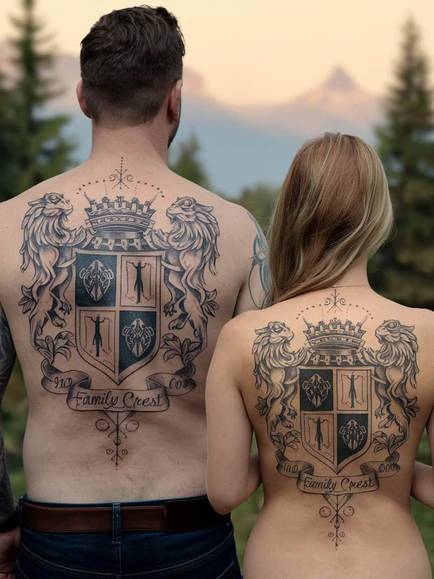 Couple with matching family crest tattoos on their backs, standing outdoors.