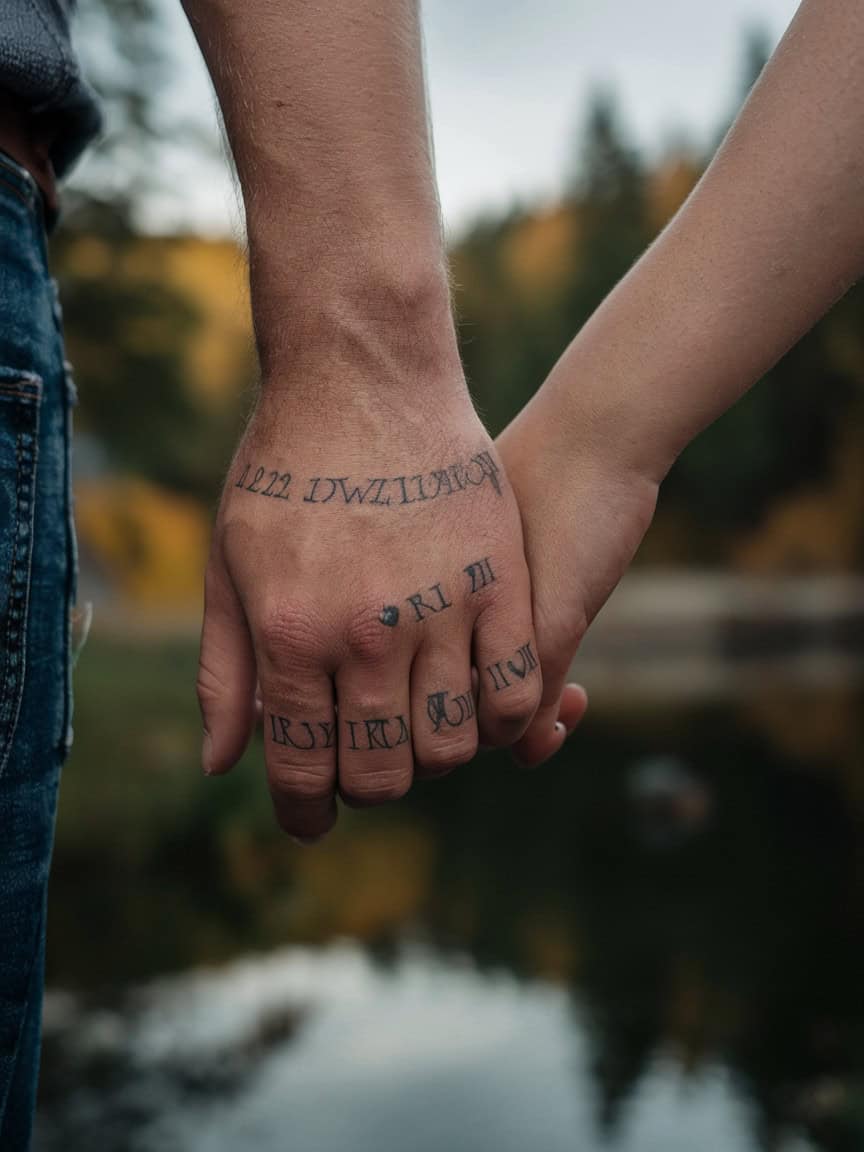 A couple holding hands with matching tattoos featuring their wedding date in Roman numerals.