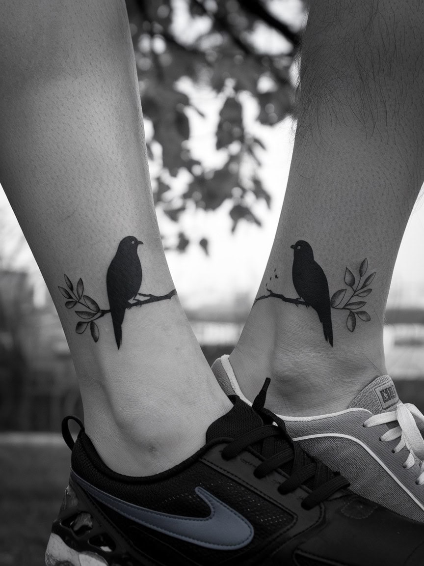 Silhouette tattoos of birds on ankles, symbolizing love and connection.