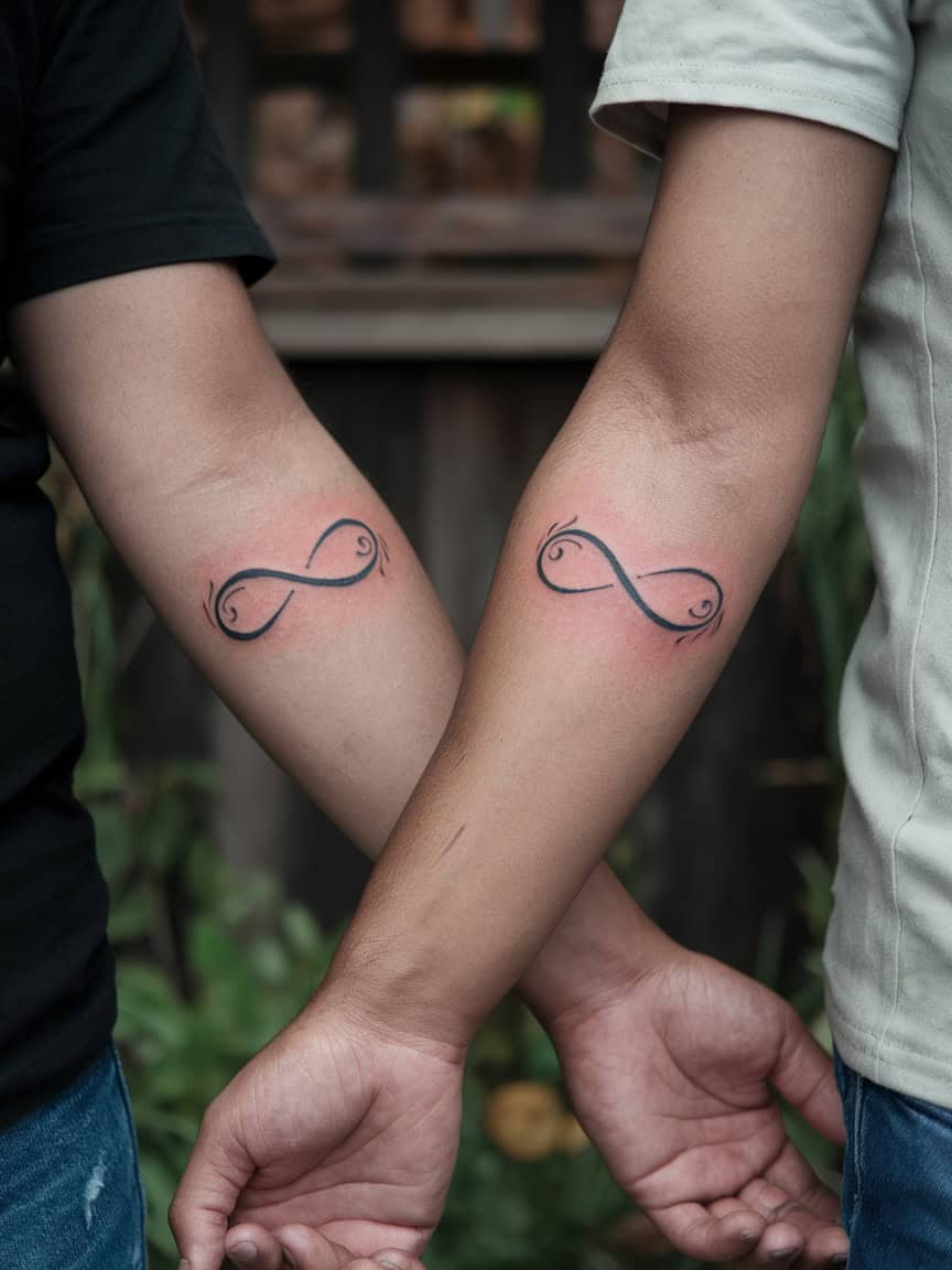 Two arms with matching infinity tattoos