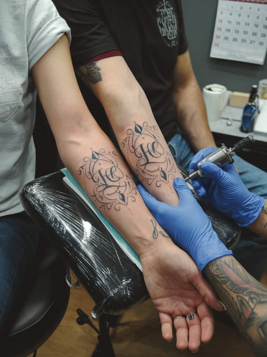 Couple getting matching tattoos of their initials with decorative elements.