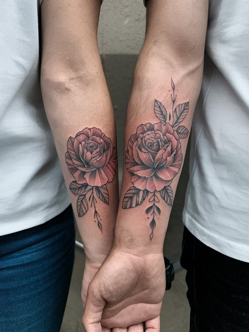 Two arms with matching rose tattoos representing love.