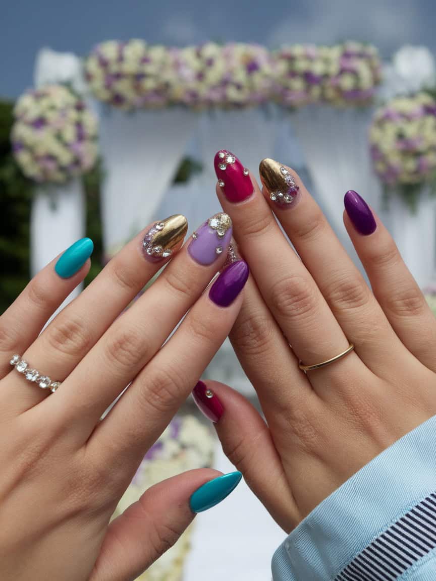 A close-up of hands showcasing bold jewel-toned nail designs with decorative elements.