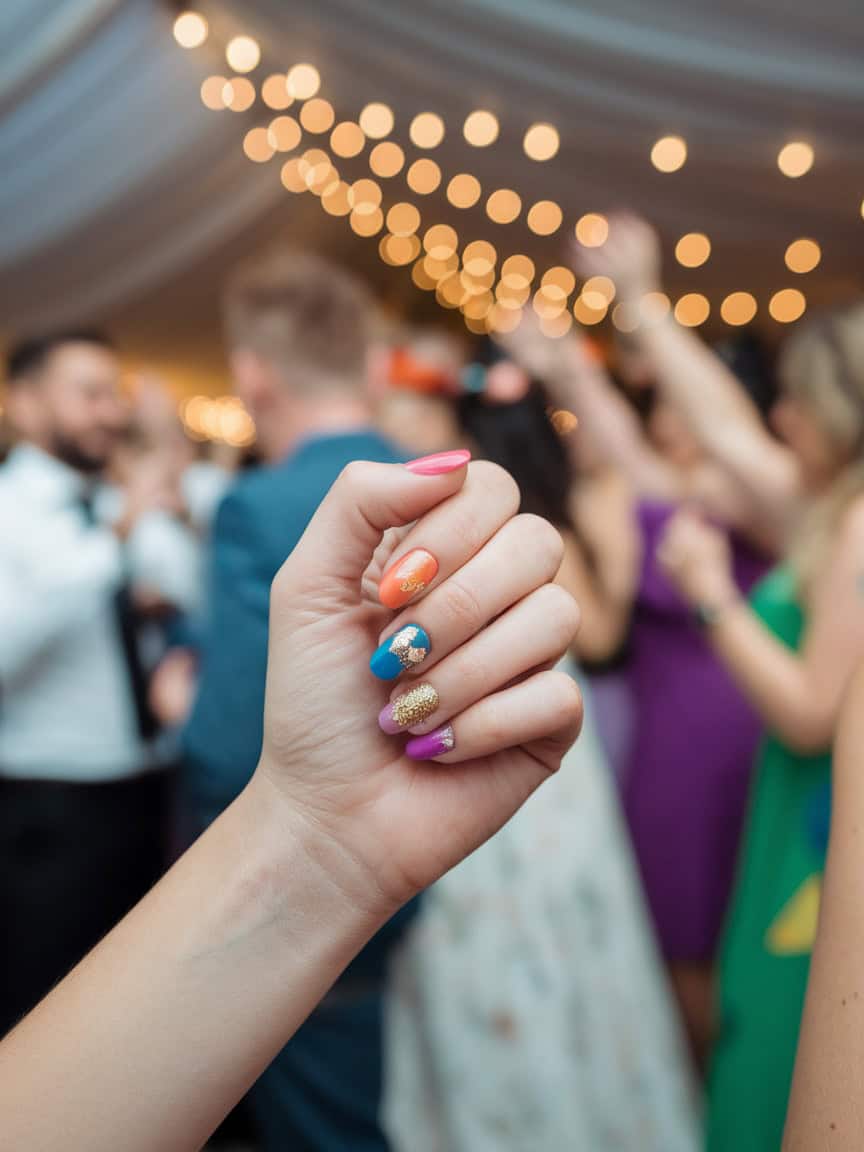 A hand showing colorful, patterned nails against a lively party background.