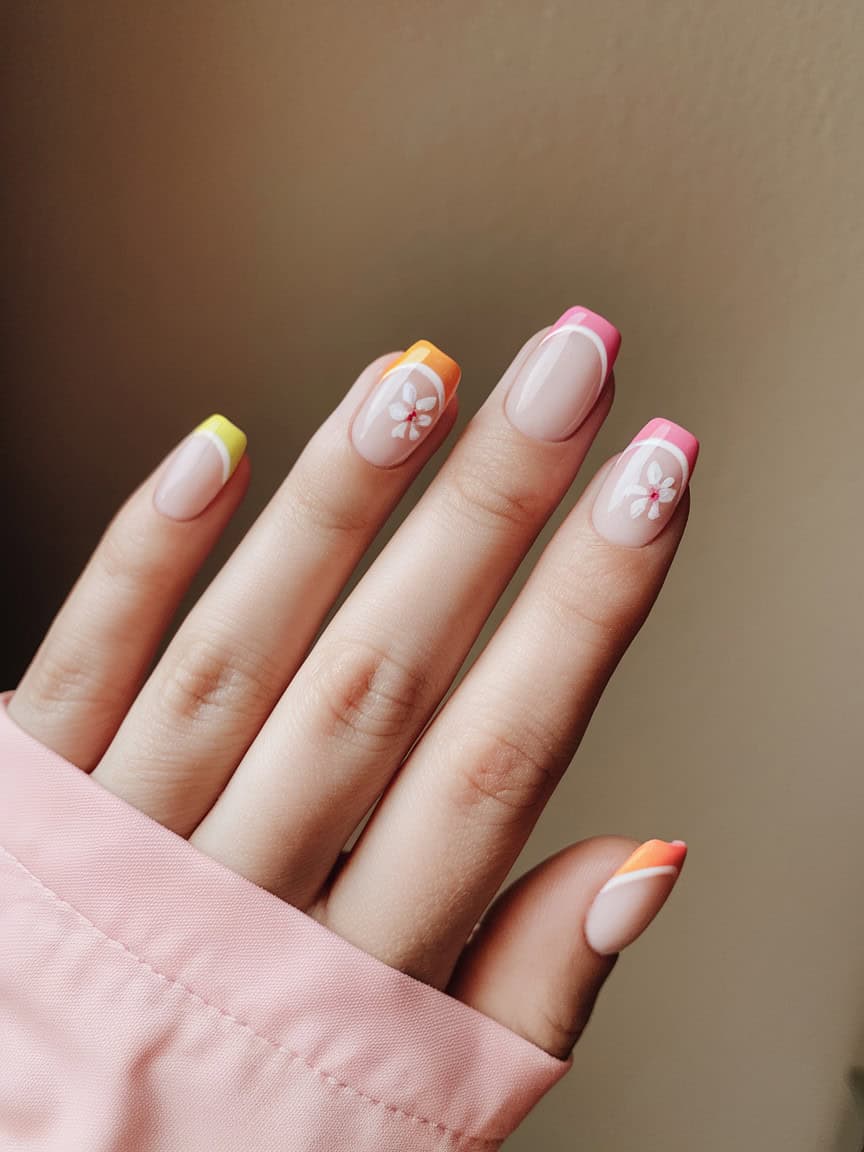 A close-up of a hand with a colorful French manicure featuring floral designs.