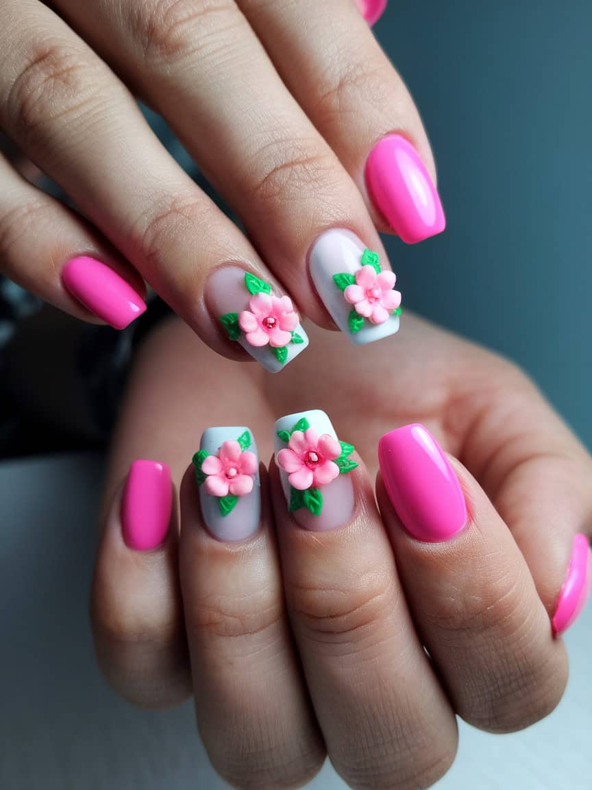 Close-up of hands with pink nails featuring 3D floral designs.