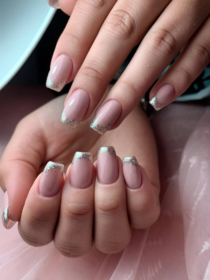 Close-up of hands with nude and glittery nail design.