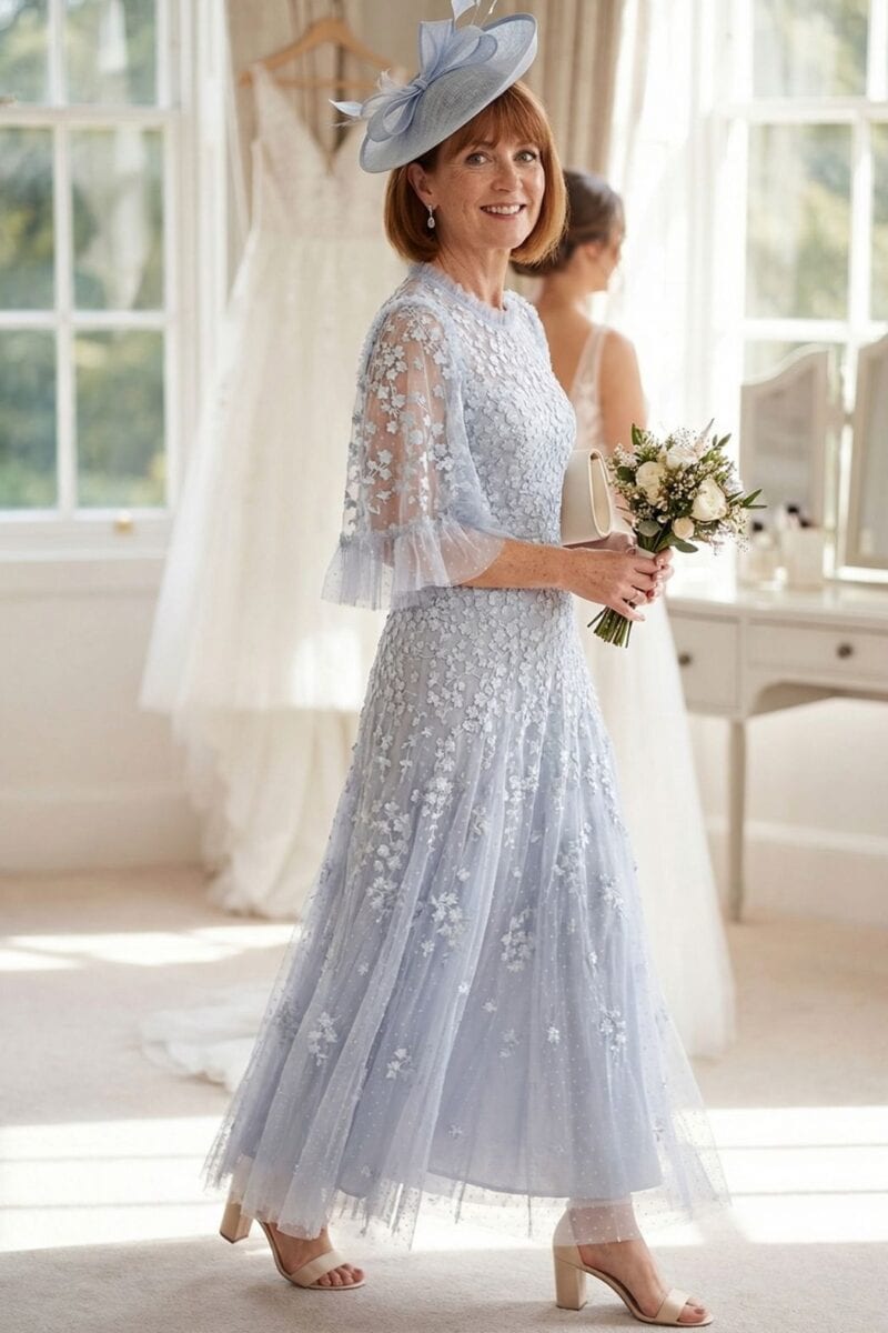 Mother of the bride in elegant lace dress holding a bouquet at wedding.