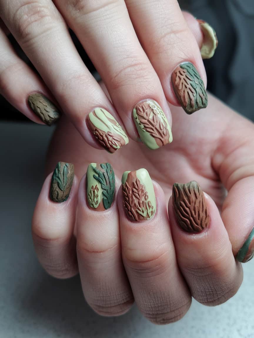 Nature-inspired nail art featuring leaf and bark textures in earthy tones.