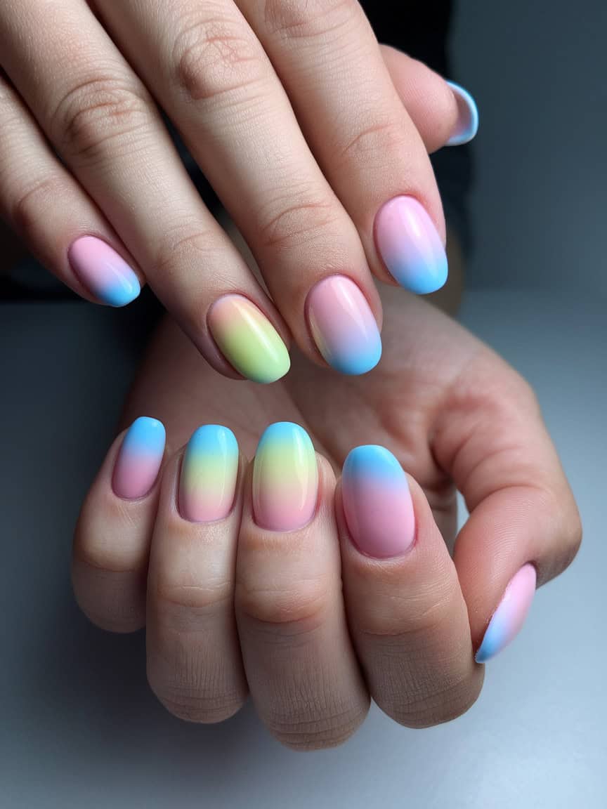 Close-up of hands with pastel ombré nails in soft pink, blue, and green shades.