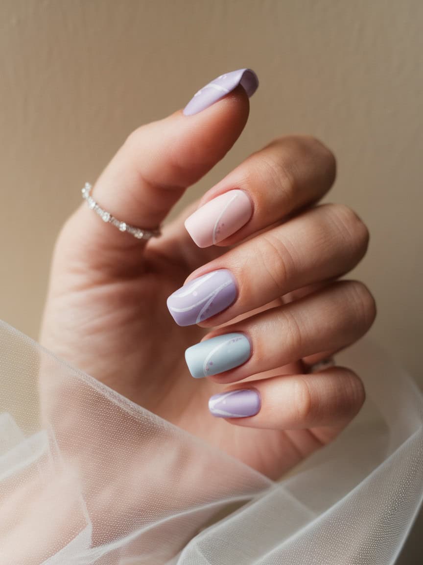 A hand displaying beautifully manicured nails with soft matte finishes in various pastel colors.