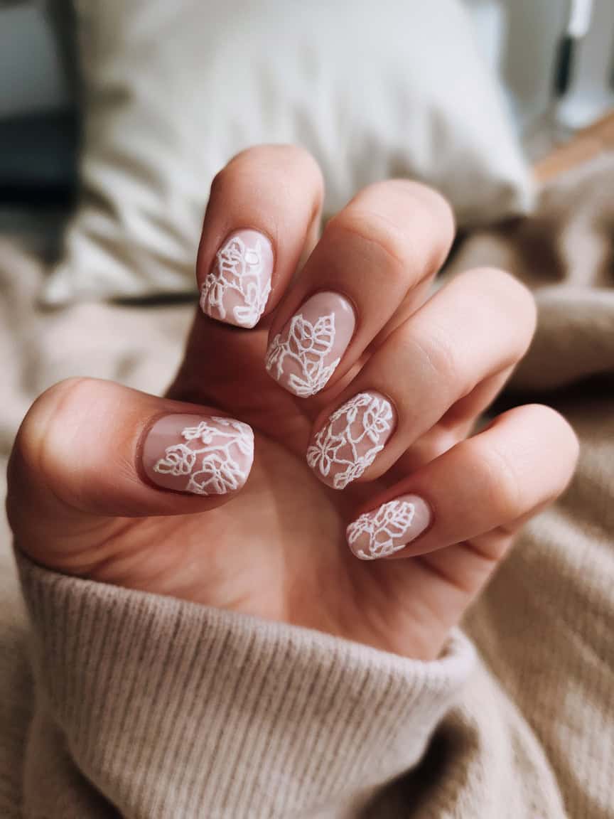 Close-up of hand with vintage lace nail art on neutral nails