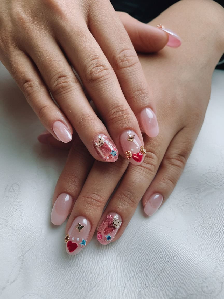 Close-up of hands with whimsical nail charms, featuring various designs and colors.